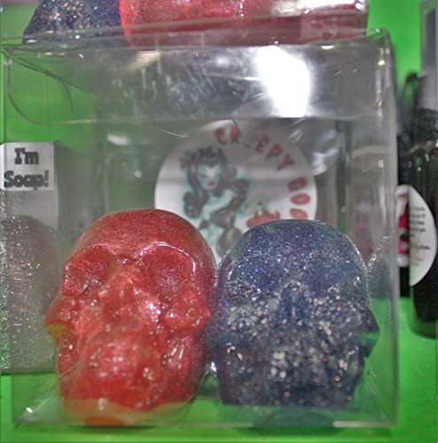 GET 2 JELLY SKULL SHAPED SOAP BARS 1 IN RED & 1 IN BLUE 2 DIFFERENT SCENTS THEY HOLD SHAPE AND LAST A VERY LONG TIME KIDS LOVE IT