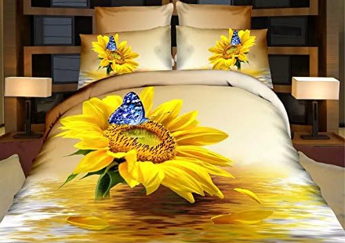 EsyDream Home Beding Sets,3D Oil Painting Gold Sunflower With Butterfly Duvet Sheet Sets ( No Comforer),100% Cotton Material Yellow Sunflower Bedclothes Sets,Queen/Full Size