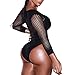 NE Norboe Long Sleeve Mesh One Piece Swimwear Sexy Bodysuit Monokini High Waisted Thong Swimsuit with Diamond Zipper (Black, S)