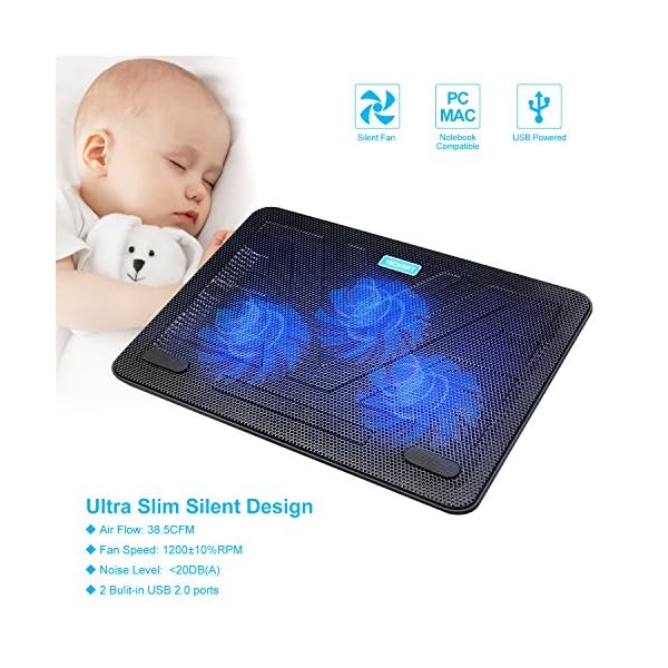 TECKNET-12-17-Quiet-Laptop-Cooler-Cooling-Pad-Stand-With-3-USB-Powered-Fans-1200-RPM-Light-Weight-Ultra-Slim-Design TECKNET Laptop Cooling Pad Adjustable Height Laptop Cooler with 3 Ultra Quiet Fans, Laptop Fan Stand for Desk/Bed/Lap…