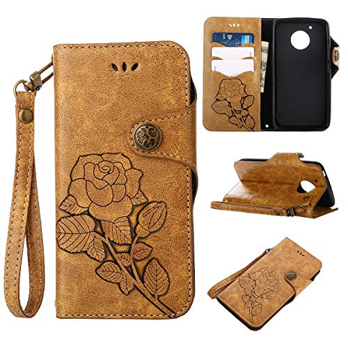 Moto G5 Protective Case, UNEXTATI Vintage Rose Pattern Stand PU Leather Flip Cover, Wallet Case Cover with Hand Strap for Moto G5 (Khaki)