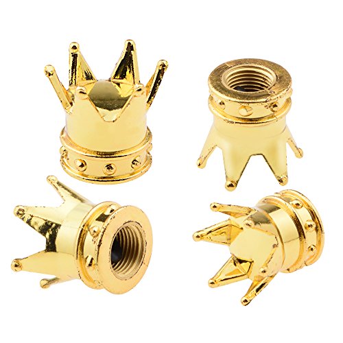 Universal Royal Crown 8mm Car/Motorcycle Wheel Rim Tire Air Stem Valve Caps Kit (Pack of 4, Gold)