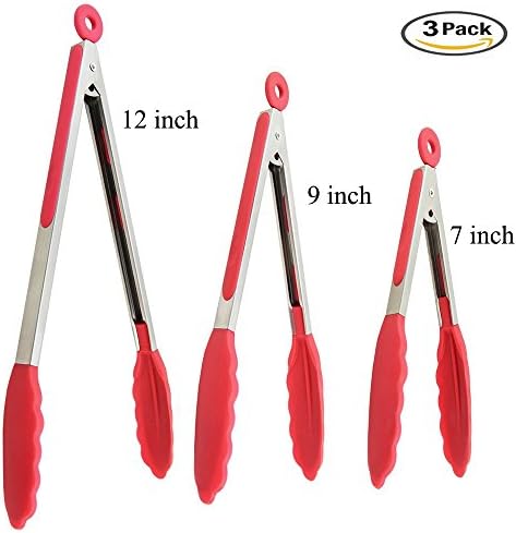 Silicone Kitchen Tong Set of 3(7, 9, 12 Inch), NnxDeal Grill Serving Tong Salad Veggie BBQ Cooking Stainless Steel with Locking Clip,  FDA Approved Non-stick Skid-proof Heat Resistant(Cherry Red)