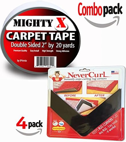 Combo Rug Package - Includes NeverCurl (Stops Curling Corners) and Mighty X Tape (Stops Rug Slipping) (4 Pack / 20 Yards) Carpet Tape. Anti Curl Rug. Replace Rug Pad.