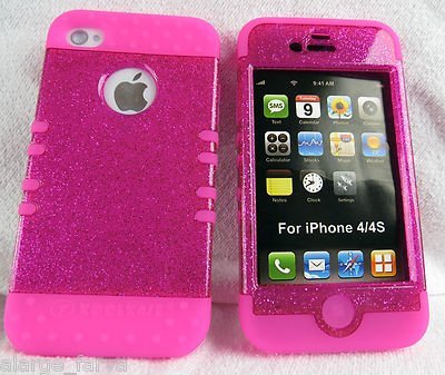 Glitter Pink with Hot Pink iPhone 4 4S Case ishield Hybrid Heavy Duty Snap On