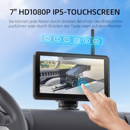 eRapta 2 Magnetic Solar Reversing Cameras Wireless with 7 Inch 1080P Touchscreen Monitor: 12000 mAh Battery, 1 Minute DIY Installation, IP69K Waterproof Reversing Cameras for Motorhome, Caravan