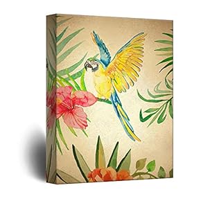 Canvas Wall Art - Vintage Style Blue Parrot Among Flowers - Giclee Print Gallery Wrap Modern Home Art Ready to Hang - 12x18 inches