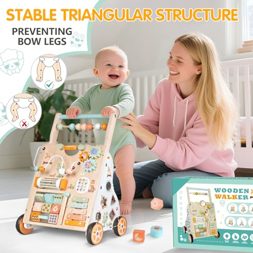 Weilim Wooden Baby Walker, 10-in-1 Montessori Push Walker for Toddlers 1+ | Activity Center with Xylophone, Shape Sorter, Gears | Adjustable Speed & Height | Natural Wood Learning Walking Toy