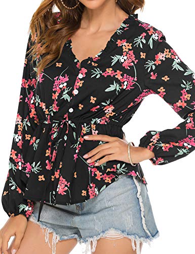 Floral Print Long Sleeves V Neck Chiffon Slim Shirt Tunic Tops Blouse for Women Black