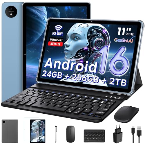 11 Inch Touch Android 16 Tablet with Gemini AI|T7250 Octa-Core|24GB RAM+256GB ROM (TF2To), 16MP+8MP|1920x1200 IPS HD Display|Widevine L1 Certified|GPS|8000mAh|5G WiFi|Keyboard+Mouse +Hull (Blue)