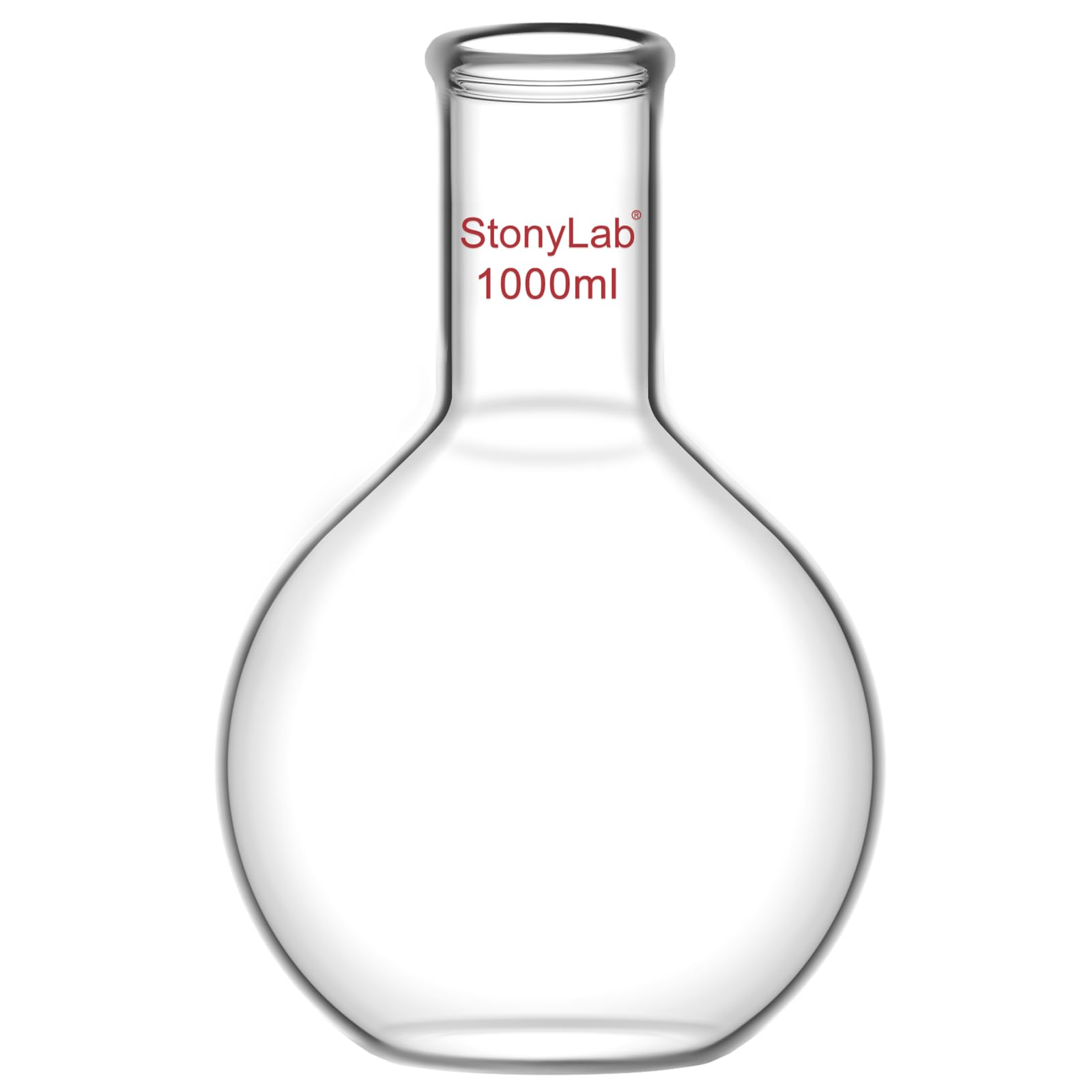 StonyLab Glass 1000ml Long Neck Flat Bottom Flask, Borosilicate Glass Heavy Wall Flat Bottom Boiling Flask with Long Neck, 1000ml (1L)