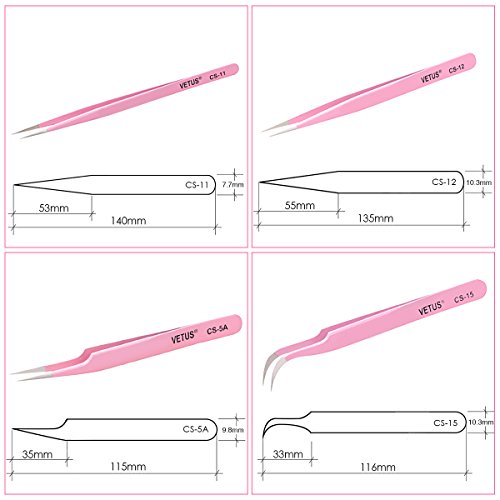LuckyFine - 4 Pcs Tweezers Set Anti-Static Tweezers Stainless Steel Tweezers for Eyelash Extension,Electronics, Jewelry-making - Straight and Curved Tip Tweezers - Pink - Thumbnail 2