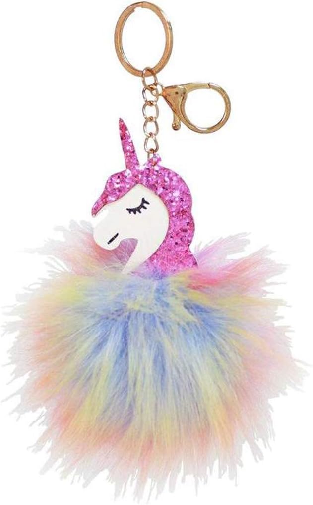 Rainbow Unicorn Pom Pom Keychain -Faux Fur Bag Purse Charm Gold Ring- Fluffy Furry Ball Pendant