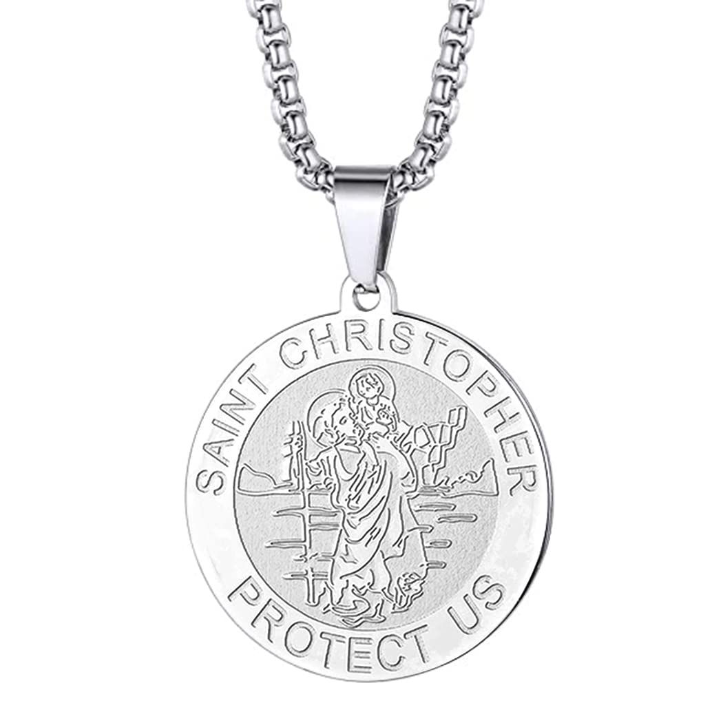 St Christopher Necklace Saint Michael George Barbara Pendant Women Men The Seal of The Seven Archangels Charm Chain Religious Medal Medallion Disc Jewelry Christian Gift (St Christopher-055S)