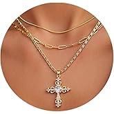 Vavily Cross Necklace for Women, Dainty 14K Gold Plated Cubic Zirconia Layered Pendant Necklace Adjustable Paperclip Chain Simple Cute Faith Jewelry Gifts for Women First Communion Baptism Birthday Christmas