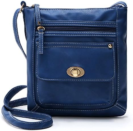 Womens Blue Leather Cross body Shoulder Bag Organizer Purse with Turn-lock