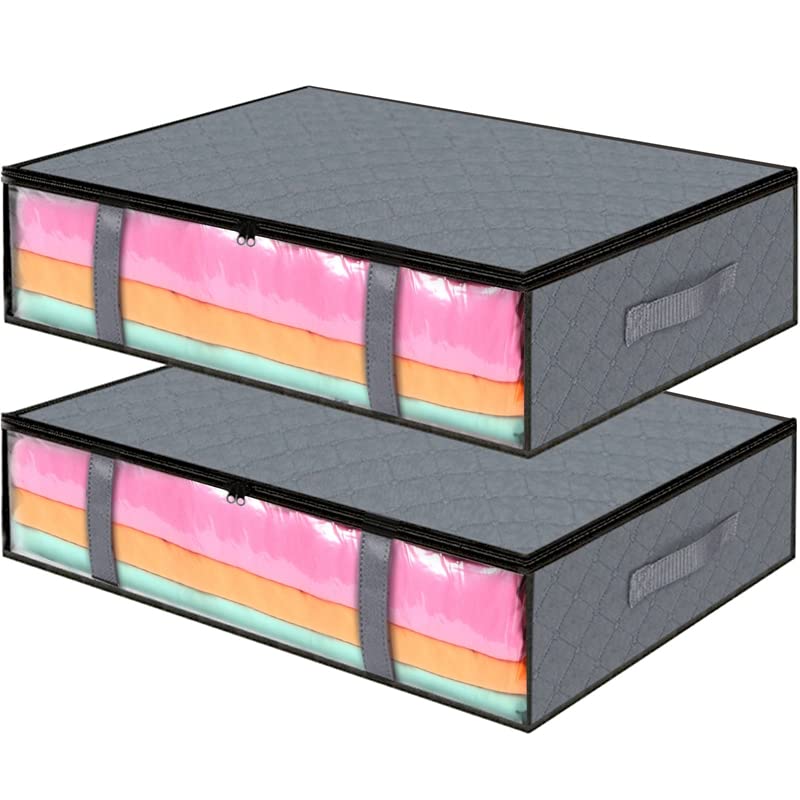 Opopark 2 Pack Underbed Storage Bags, 40 L Foldable Fabric Clothes Storage Bags with Zips and Reinforced Handle, Clear Window for Clothes, Duvets, Comforters, Blankets