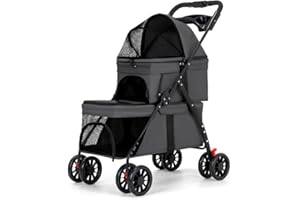 YYW Double Pet Stroller for Small Cats and Dogs, Foldable Kittens Puppies Travel Strolling Cart with 2 Carriages, Cup Holder & Lockable Wheels, Ideal for Multi-Pet Families(Black)
