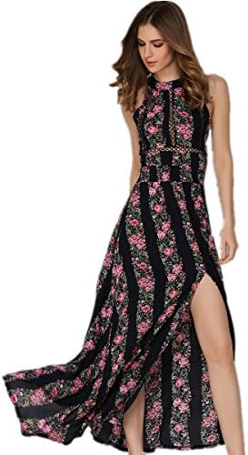 Floral Boho Halter Slit Maxi Dress Casual Chiffon Summer Dresses for Women