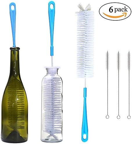 Long Bottle Cleaning Brush Set of 6 - Including 16" Long Water Bottle Brush Cleaner For Washing Beer, Wine, Kombucha, Thermos, S'well, Nalgene, Pitcher, Carafe, Decanter, and Straw Cleaning Brush