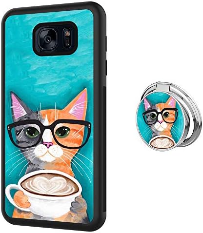 Case for Samsung Galaxy S7 case Cat Coffee With Ring Holder Slim Soft and Hard Tire Shockproof Protective Phone Cover Case Slim Hybrid Shockproof Protective Case Anti-Scratch Cushion Bumper with Reinf