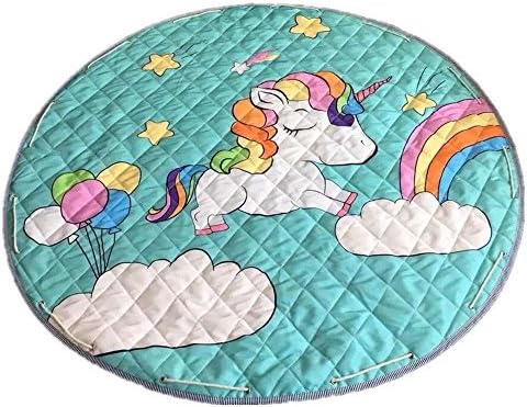 Double Layer Unicorn Round Beach Mat Ground Blanket Kids Activity Mat Toy Storage Mat Bag for Picnic Yoga Sun Bath