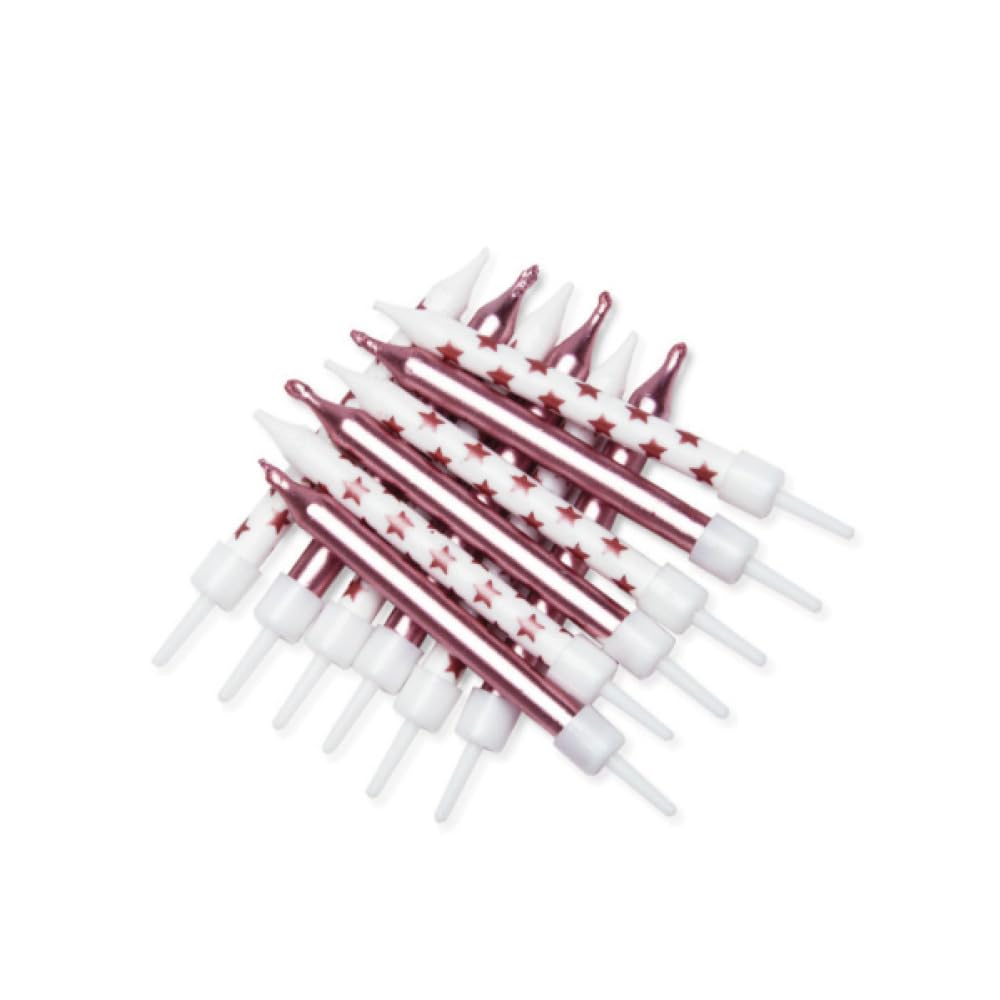 Anniversary house Birthday Candles Set of 12 - Metallic Star Mix Candles Rose Gold with Holders - Printed Party Cake Toppers and Decorations