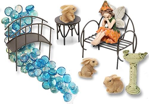 Fairy Garden Supplies - Fairy, 3 Bunnies, Bird Bath, Fairy Garden Furniture (Bench, Table, Bridge) and Fairy Garden Ideas (orange dress)