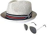 Epoch Men's Summer Lightweight Linen Fedora Hat with Aviator Sunglasses, SM, Grey