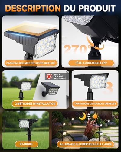 4 x Outdoor Solar Light with Motion Sensor, 40 LED 6000 K, 3 Modes, Solar Light Outdoor, 2 Installation Modes, IP44 Waterproof for Pathway, Lawn, Patio, Dusk at Dawn Function
