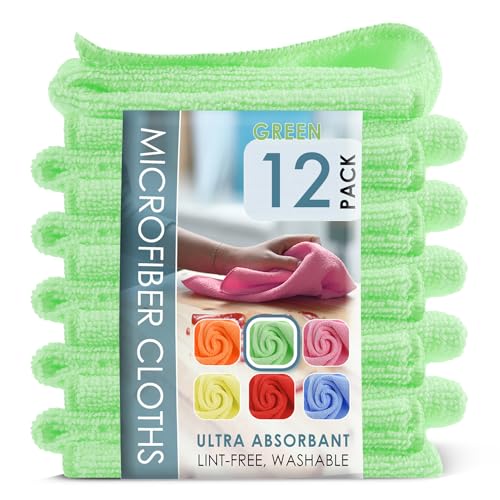 Hearth & Harbor 12 Pack Microfiber Washcloths, Green, 12"x12", Lint Free, Scrat…