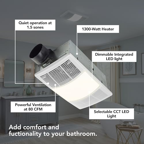 Broan-NuTone BHFLED80 PowerHeat Bathroom Exhaust Fan, Heater, and LED Light Combination, 80 CFM