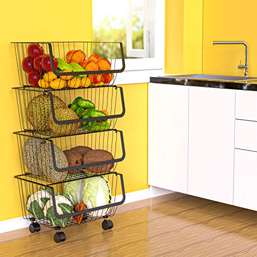 Rolling Stackable Wire Baskets, 4 Tiers Metal Utility Cart Vegetable