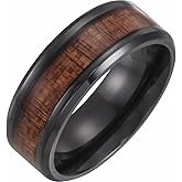 Black Solid Titanium 8mm Beveled Edge Wedding Band Ring Comfort Fit Wood Inlay - Size 12.5