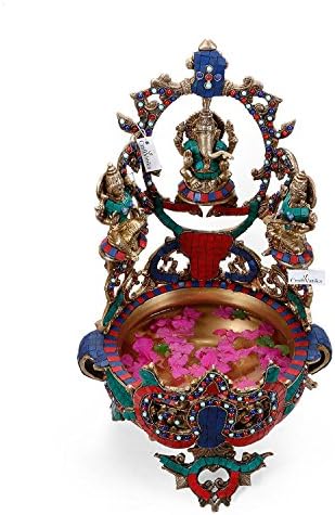 Large Decorative Brass Ganesha Statue -Religious Hammock Swinging Ganesh Urli Bowl with Temple Sculpture -Unique Spiritual Home Decor &amp; Showpiece - A fine Piece of Indian Handicraft