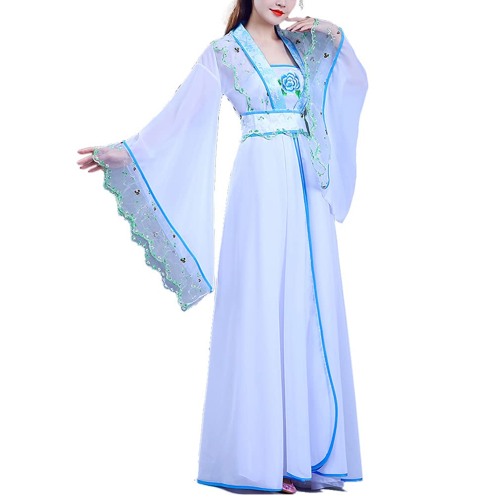 Deluxe Chinese Hanfu Costume Flower Embroidery Wide Sleeve Ancient Traditional Stage Performance Wear Outfit, 42# Blue Lace, S