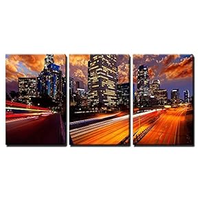 3 Piece Canvas Wall Art - Downtown La Night Los Angeles Sunset Skyline California from 110 Freeway - Modern Home Art Stretched and Framed Ready to Hang - 16"x24"x3 Panels