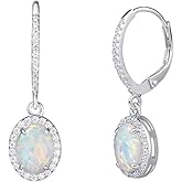 FANCIME Lever Back Earrings Sterling Silver Created White Fire Opal Halo Cubic Zirconia French Back Earrings Opal Jewelry for Women