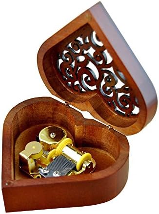 Heart Shape Vintage Wood Carved Mechanism Musical Box Wind Up Music Box Gift For Christmas/Birthday/Valentine's day, Melody Jingle Bells