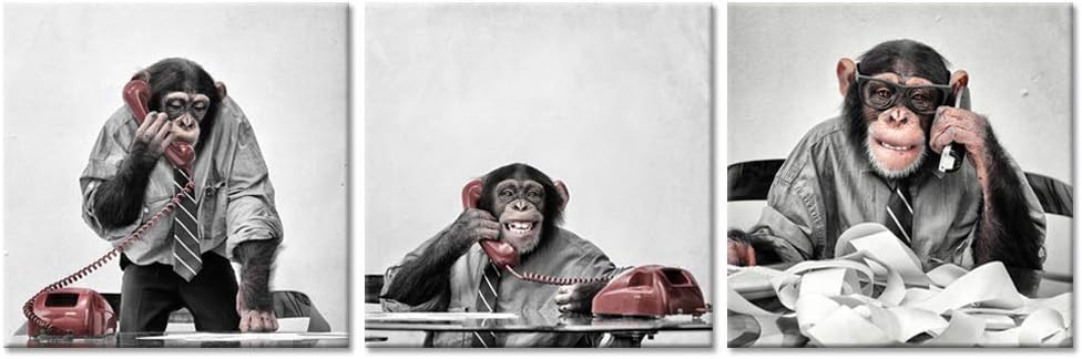 Hello Artwork 3 Pieces Funny Art Canvas Wall Decor Animals Ape Chimpanzee Monkey Make Telephone Calls at Desk Picture Print On Canvas Stretched and Framed for Home Office Decoration Ready to Hang