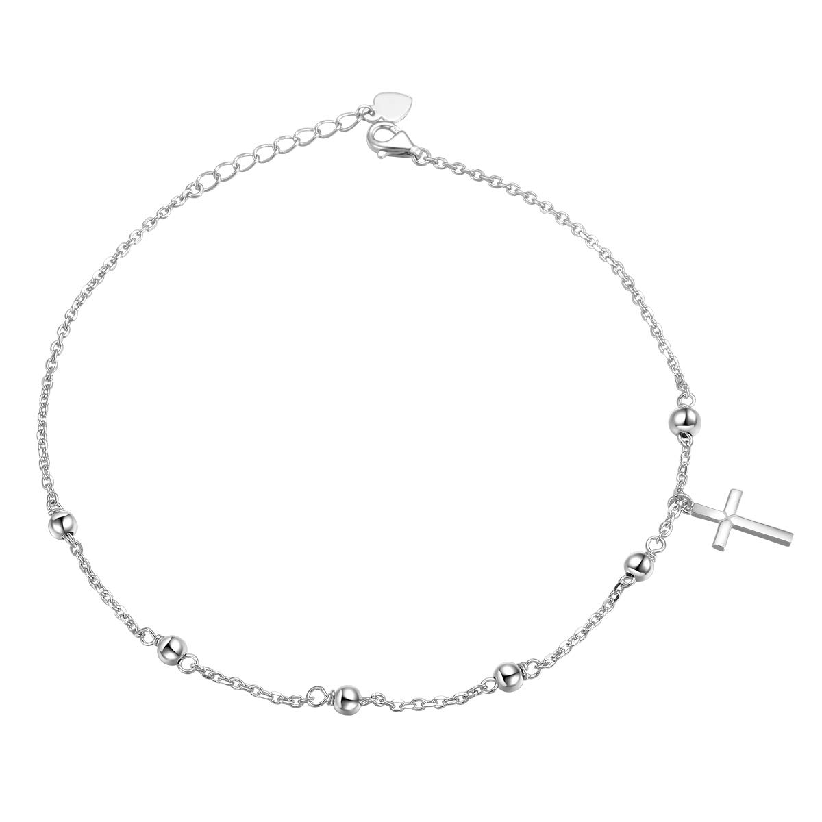 Flyow S925 Sterling Silver Anklets for Women Girls Beaded Cross Charm Adjustable 9 Inches + 1 Inch Foot Ankle Bracelet Jewelry Birthday Gift (Beaded Cross)