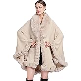 Women Poncho Cape Faux Fur Collar Knitted Cardigan Sweater Batwing Long Sleeve Shawl Wrap Coat Oversized Cloak