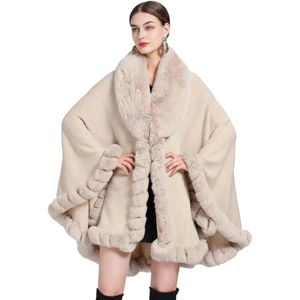 Caistre Women Open Front Faux Rabbit Fur Collar Poncho Cape Large