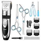 OMORC Dog Clippers, Low Noise Dog Grooming Kit Rechargeable Cordless Dog Shaver Pet Clippers Professional Dog Hair Trimmer with 4 Comb Guides Scissors Nail Kits for Dogs Cats and Other Animals Silver
