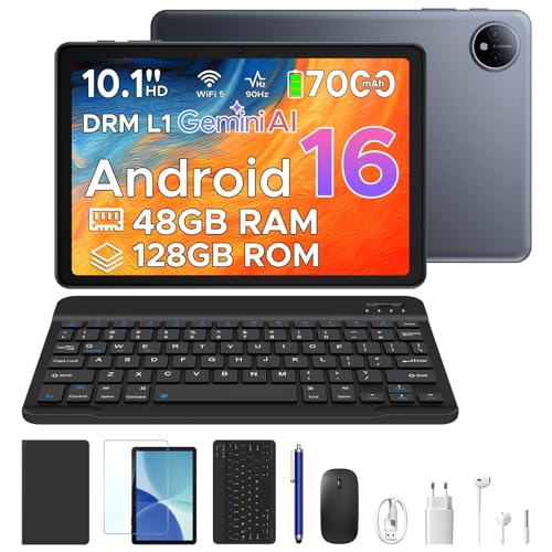 P10 Tablet Android 16, Tablet 10 Inch 48GB RAM+128GB ROM/2TB TF, Tablet with Keyboard and Pencil, 90Hz Screen, 7000mAh, Gemini AI, 5G WiFi, Face ID, 5W OTG, OTG, GPS, 0.3 cm, Widevine L1, Grey
