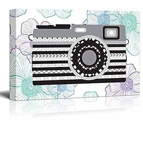 Gray Zentangle Camera on a Vibrant Cool Toned Floral Background - Canvas Art Home Art - 12x18 inches