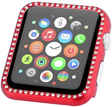 Fashion Metal Apple Watch Case with Bling Crystal Diamonds Plate Protective Cover Ultra Thin Bumper for iWatch Series 1/ 2/ 3（Best 3D Bling Gift for Your iWatch) (Red, 38mm)