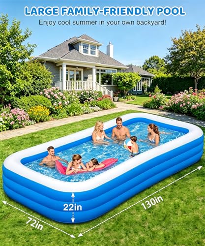 Large Inflatable Pool - 130"×72"×22" Blow Up Pool for Adults and Childrens with Electric Pump, Swimming Pool for Backyard, Summer Water Party, Outdoor, Garden