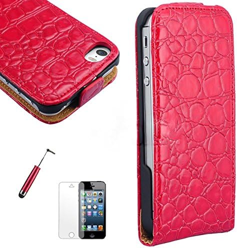 iPhone 5 Case, Ovis iPhone 5/5S Alligator Crocodile Leather Wallet Flip Pouch Cover Holster Apple iPhone 5S/ 5 / Film Pen (Red)