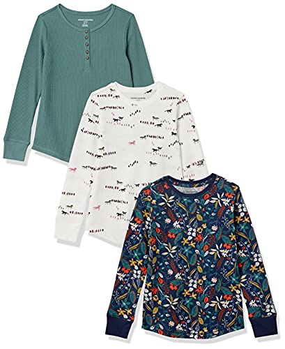 Amazon Essentials Girls' Long-Sleeve Knit Thermals, 3-Pack Dark Floral, 4T